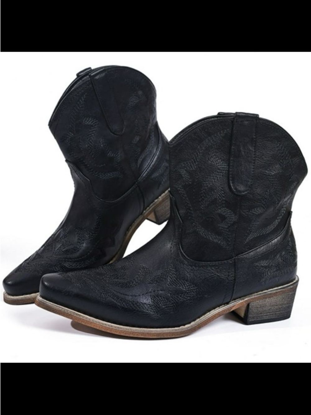 Ecetana Women's Black Western Ankle Boots Pointed Toe Embroidery